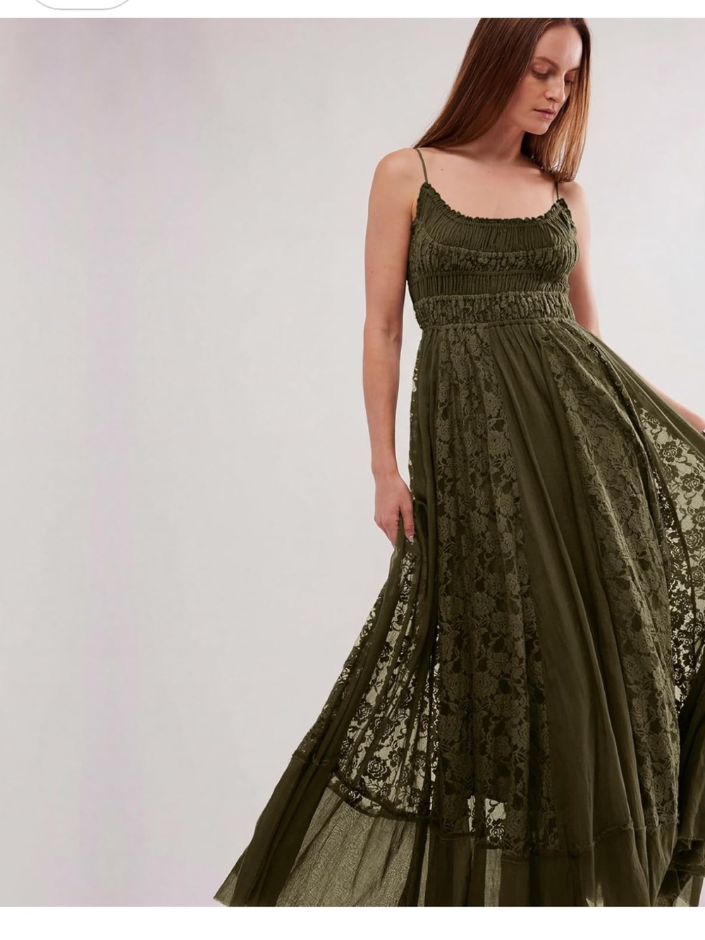 Olive Lace-Panel Maxi Dress with Smocked Bodice - size XL